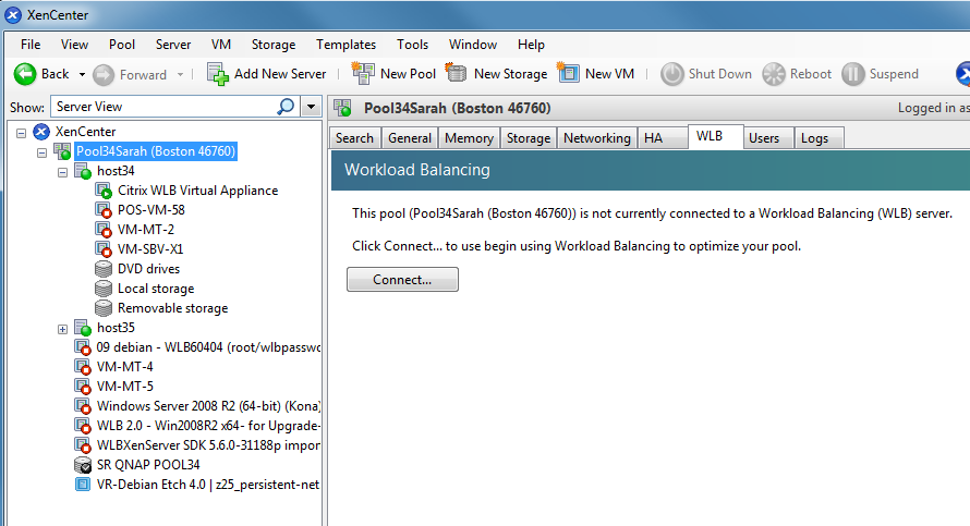 XenCenter GUI with the WLB panel open.