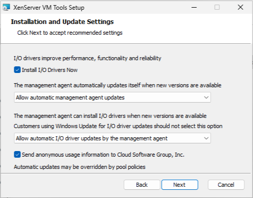 XenServer VM Tools installer with the no automatic update settings selected